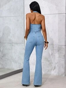 Jeanoix Petite Women's Casual Daily Outing Halter Neck Denim Jumpsuit With Pockets - Light Wash - View 2