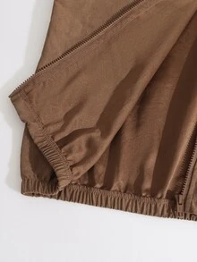SHEIN 青少年女孩休閒拉鍊長袖外套，適合日常穿著與度假 - 棕色 - 查看 7