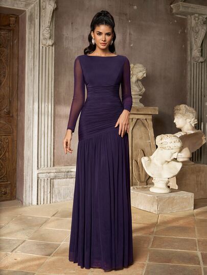 Aureia Elegant Romantic Fashion Sexy Deep Purple Elastic Fabric Long Sleeve Ruched Decor Lace Patchwork A-Line Elegant Party Dress Wedding Guest Dress Bachelorette Party Dress Formal Evening Gown Bridesmaid Dress