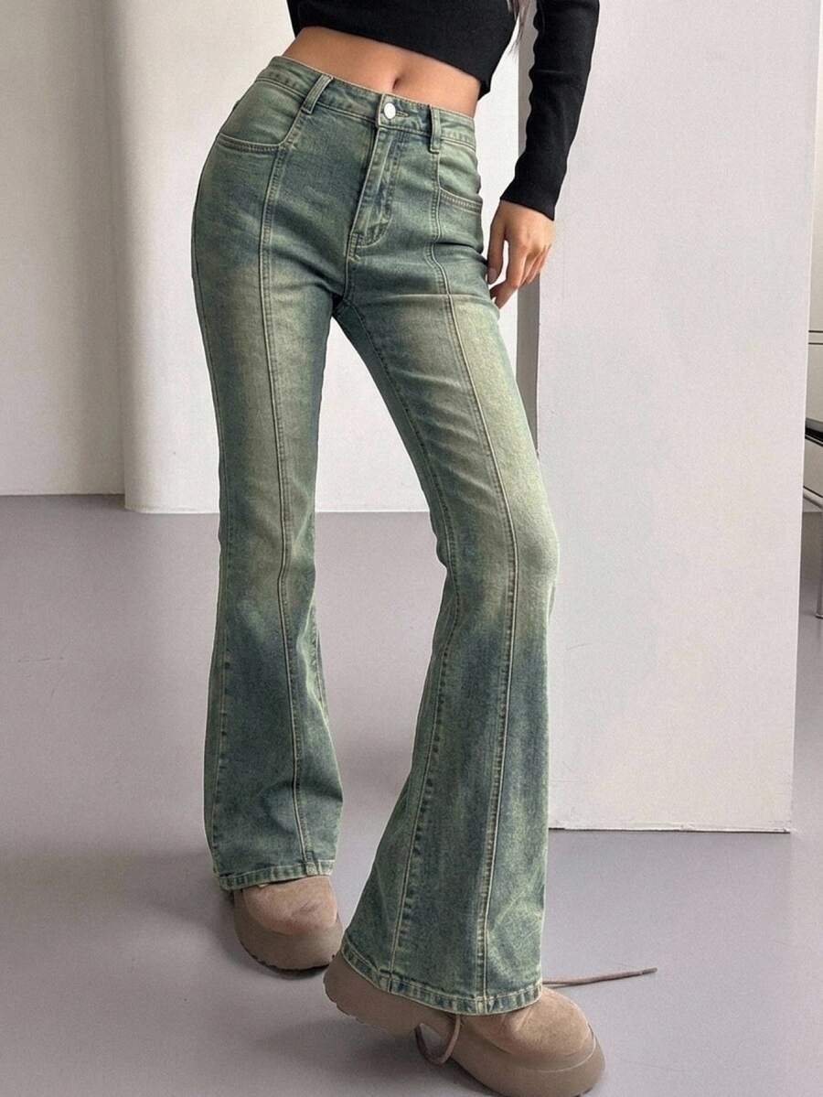 Joudiya Quần jean denim ống loe nữ phong cách thường ngày đa năng, có túi và cúc, phù hợp đi du lịch hàng ngày - Màu xanh lam - Xem 1
