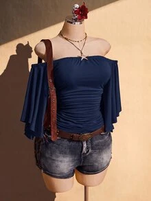 SHEIN ICON 女款大尺碼露肩荷葉袖時尚百褶上衣 - 藏蓝色 - 查看 4