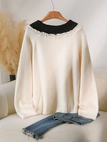 CosyJoli Plus Size Autumn/Winter Casual Elegant Colorblock Peter Pan Collar Sweater Office Evening Black And White - Beige - View 3