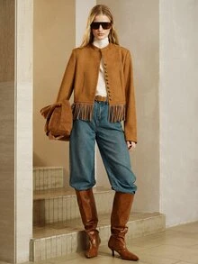 SHEIN Women's Jacket Short H-Line Soft Brushed Rhinestone Fringe Hem Multi-Button Stand Collar Commuting Vintage Brown Solid Western Outfits For Women Fall - Brown - View 3