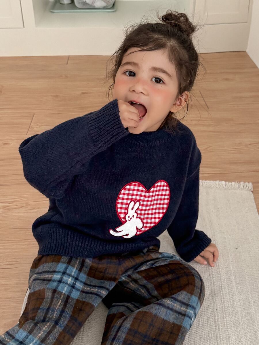 DAZY Young Girl Heart Embroidery Round Neck Drop Shoulder Long Sleeve Casual Sweater - Navy Blue - View 1