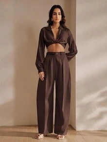 Anewsta Women's Summer Pleated High Waist Pocket Suit Pants Elegant Business Casual Commute Loose Wide Leg Pants - Coffee Brown - View 7