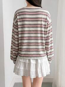 DAZY Women's Korean Style Button Half-Placket Striped Colorblock T-Shirt Fall - Burgundy - View 5