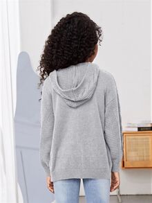 SHEIN 青少年女孩秋冬休閒純色連帽開襟羊毛衫 - 灰色 - 查看 2