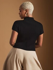 Vixey Solid Color Stand Collar Short Sleeve Knit Top, Office Outfits, - Black - View 2