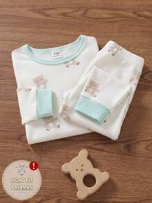 Baby Boys Spring/Autumn Cartoon Bear Print Random All-Over Print Crew Neck Long Sleeve Top And Elastic Waist Long Pants Snug Fit Loungewear - Multicolor - View 4