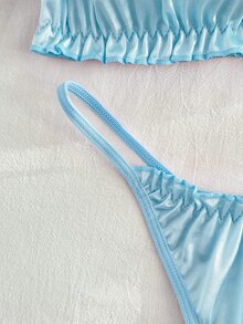 FairyFlirt 2件組淺藍色荷葉邊露肩緞面可愛甜美Coquette風娃娃裙式Lolita女款內衣套裝 - 淺藍色 - 查看 3