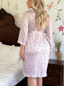 CottageSlumber Jubah Santai Rajut Motif Ceri Berenda Ukuran Besar untuk Wanita dengan Tali Pengikat di Depan - MultiWarna - View 2