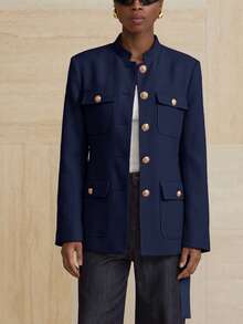 Aveloria Modichic Small Stand Collar Tweed Single-Breasted Metal Button Decor Belted Utility Jacket - Navy Blue - View 4