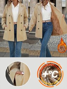 SHEIN Clasi Mantel Trench Panjang Sedang dengan Lapisan Termal yang Mengencangkan Pinggang, Nyaman dan Elegan - Khaki - View 4