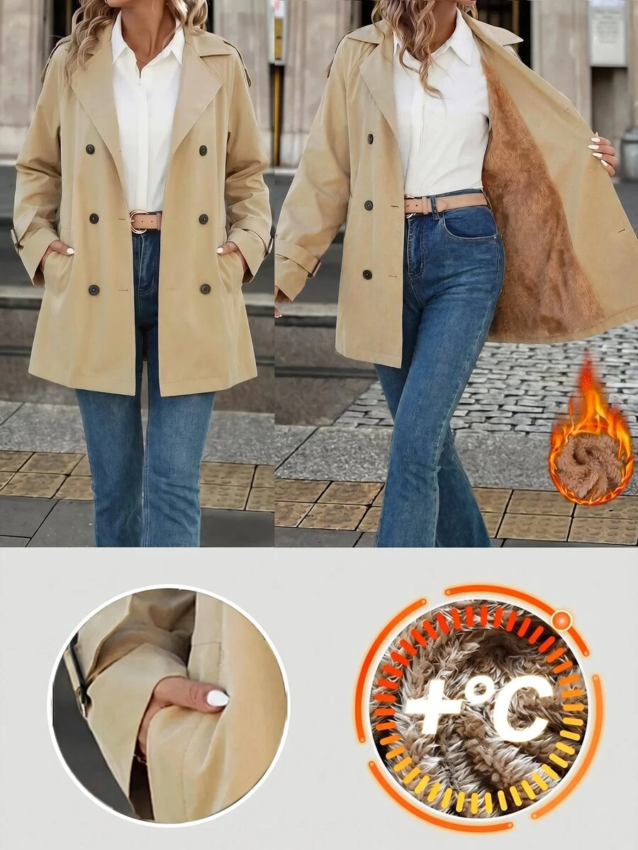 SHEIN Clasi 保暖內裡收腰中長款風衣,舒適優雅 - 卡其色 - 查看 1