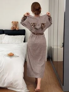 Napfluff Lazy Hooded Loungewear Robe, Contrast Leopard Print Pocket Patchwork Design, Comfortable Long Sleeve Tie-Front Home Pajamas Bathrobe For Autumn/Winter - Multicolor - View 3