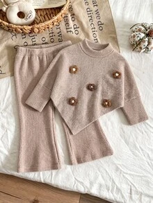 SHEIN Young Girls' Autumn/Winter New Casual T-Shirt Set, Front Coffee-Colored 3D Floral Decor Design, Asymmetrical Pullover High Neck Knitted Ribbed Brushed - Khaki - View 5