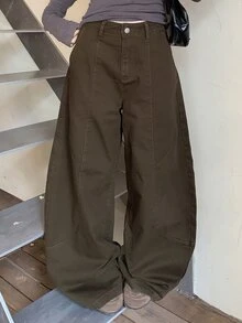 DAZY Women's Fashion Street Button Loose Wide Leg Denim Jeans Summer Everyday School Dark Brown Casual Streetwear - Brown - View 1