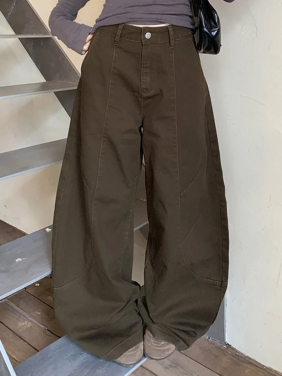 DAZY Women's Fashion Street Button Loose Wide Leg Denim Jeans Summer Everyday School Dark Brown Casual Streetwear - Brown - View 1