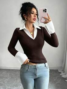 SHEIN Raffinéa 藍色條紋印花對比色女款簡約V領 Polo 領彈性修身打底上衣，休閒夜店商務休閒演唱會穿搭辦公室穿搭，老錢風熱門純色羅紋針織面料，高彈超軟舒適親膚貼身修身，休閒日常性感派對街頭度假旅行約會，春夏秋冬新款喇叭袖長袖T恤 - 咖啡棕 - 查看 8