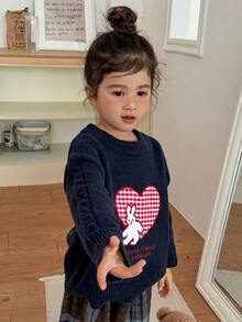 DAZY Young Girl Heart Embroidery Round Neck Drop Shoulder Long Sleeve Casual Sweater - Navy Blue - View 7