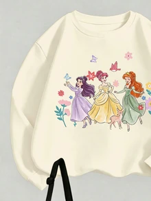 SHEIN 1套女童休閒舒適時尚清新可愛甜美卡通公主圖案與花卉印花圓領衛衣搭配內搭褲套裝，適合秋冬外出、假期、上學、生日及其他場合 - 彩色 - 查看 4