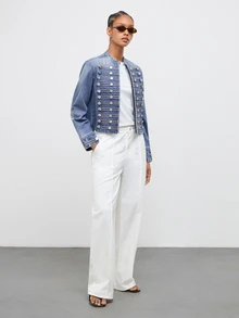 Maija Women's Zipper Front Long Sleeve Casual Napoleon Denim Jacket - Blue - View 3