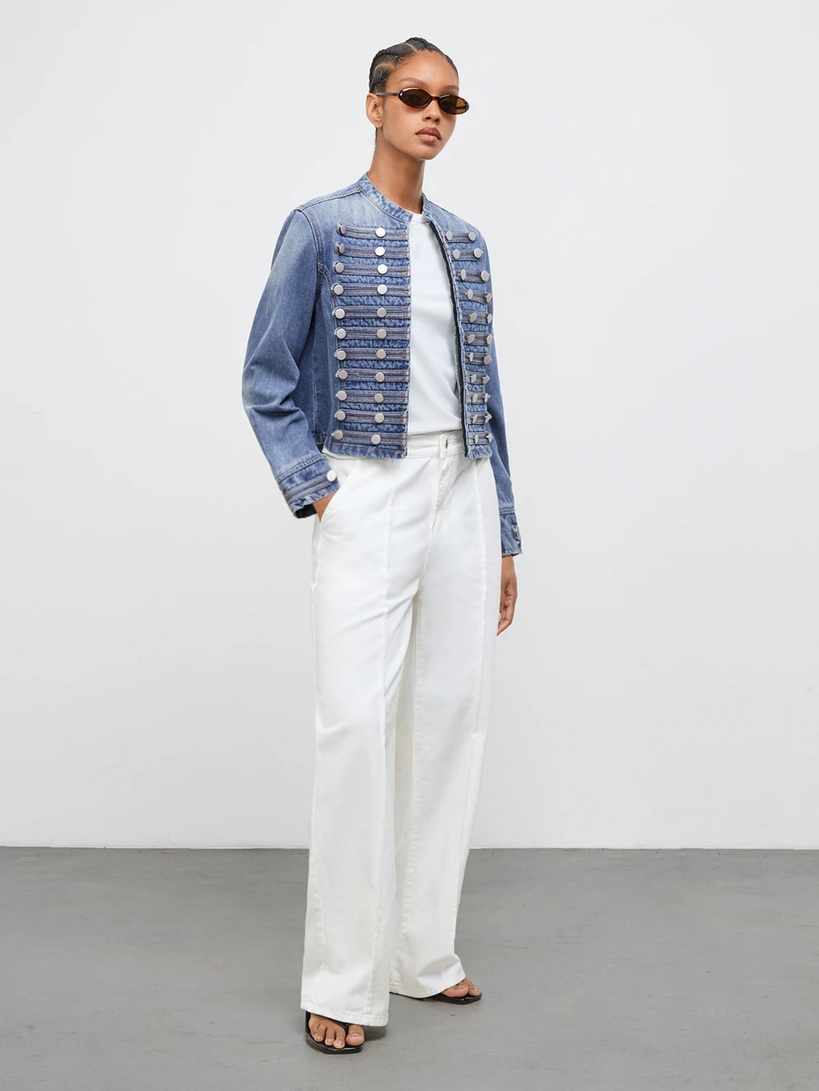 Maija Women's Zipper Front Long Sleeve Casual Napoleon Denim Jacket - Blue - View 1