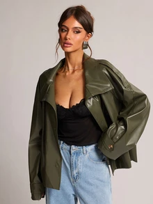 SHEIN BAE Women's Solid Color PU Leather Double-Breasted Fashion Trench Coat - Green - View 2