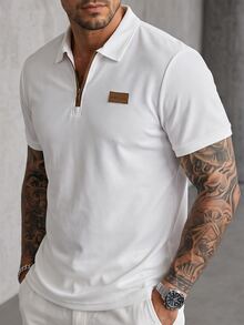 Manfinity Homme 男士夏季字母印花短袖 Polo 衫，街頭風，休閒 - 白色 - 查看 1