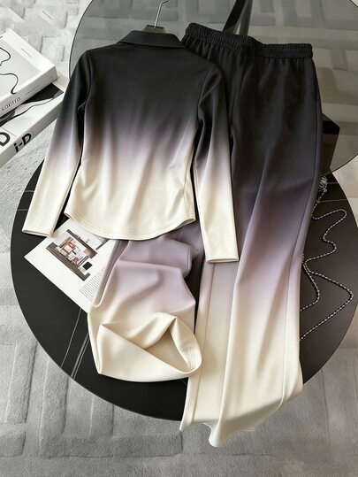 Resyla Women's Fashionable Minimalist Embroidered Gradient Digital Print Lapel Long Sleeve Pants Set, Friend's Gift