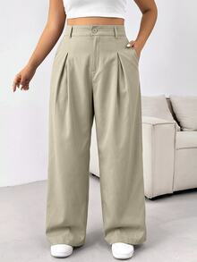 SHEIN EZwear Plus Size Women's Solid Color Simple Business Pants Graduation, - Khaki - View 6