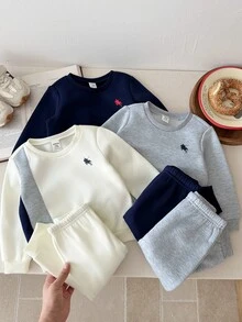 LMoss Kids 男嬰兒童卡通小馬刺繡圖案厚針織柔軟圓領長袖套頭衛衣彈性腰長褲6件套 - 彩色 - 查看 5