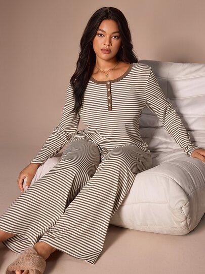 Lazeform Striped Print Casual Round Neck Half-Button Long Sleeve Top And Pants Plus Size Pajama Set