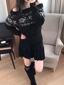 DAZY Women's Autumn/Winter Off-Shoulder Fair Isle Vacation Style Sweater - Black - View 6