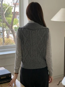 DAZY Rompi Rajut Leher Tinggi Abu-abu Gelap untuk Melangsingkan Tubuh Wanita Musim Gugur/Dingin, Rompi Sweater Bolak-balik untuk Pakaian Berlapis - Grey - View 3