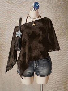 SHEIN ICON 女款休閒極簡棕色花卉圖案大尺碼網紗上衣 - 彩色 - 查看 3