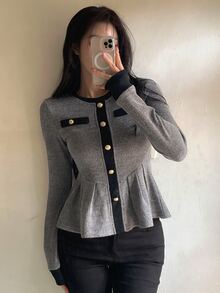 DAZY Women's Elegant Formal Vacation Spring Autumn Top T-Shirt With Patchwork Color Block, Cinched Waist, Flared Hem, Round Neck And Long Sleeves - Grey - View 1