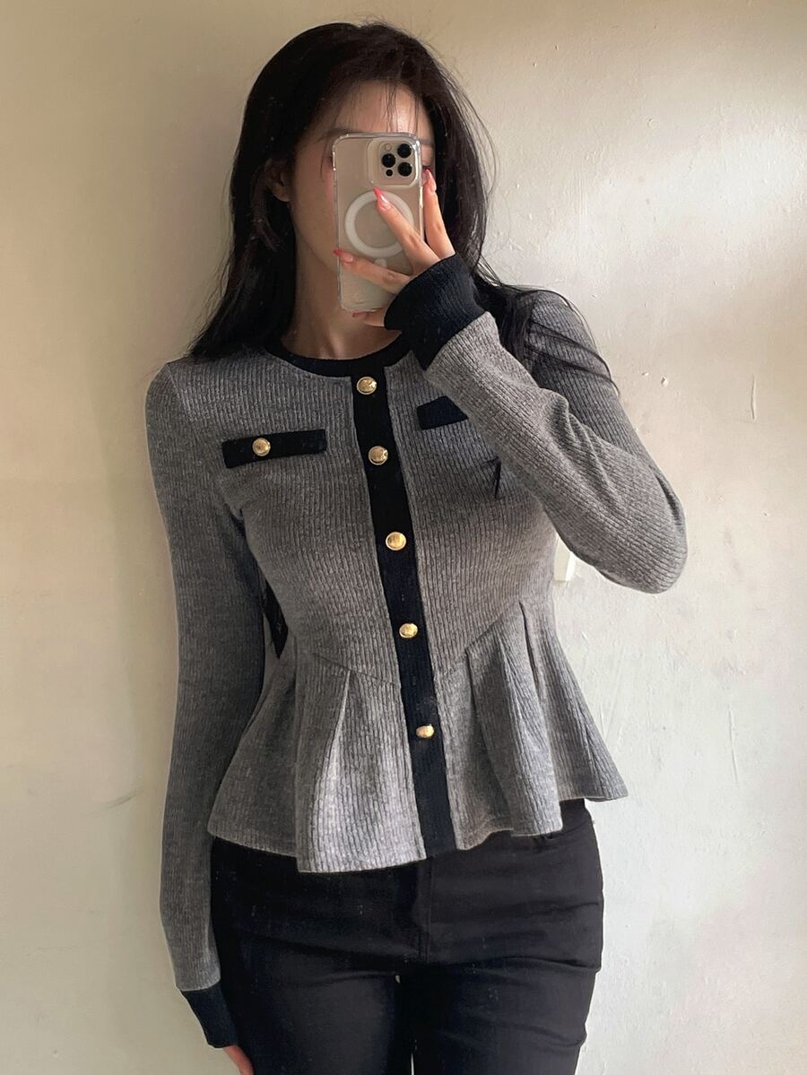 DAZY Women's Elegant Formal Vacation Spring Autumn Top T-Shirt With Patchwork Color Block, Cinched Waist, Flared Hem, Round Neck And Long Sleeves - Grey - View 1