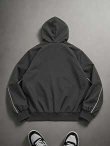 Vacaura American Street Racing Style Line Hooded Jacket, Zipper Hooded Outerwear, Curved Contrast Stitching Design, Short Loose Fit Snug Fit Versatile, Suitable For All Body Types; Full Zipper Closure Flexible Styling, Suitable For Daily, Street, Spring/Autumn Single Wear, Early Winter Layering - Grey - View 2