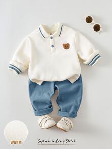 Young Boy Cartoon Bear Kids Patch Long Sleeve Polo Shirt And Long Pants Casual Set - Multicolor - View 3