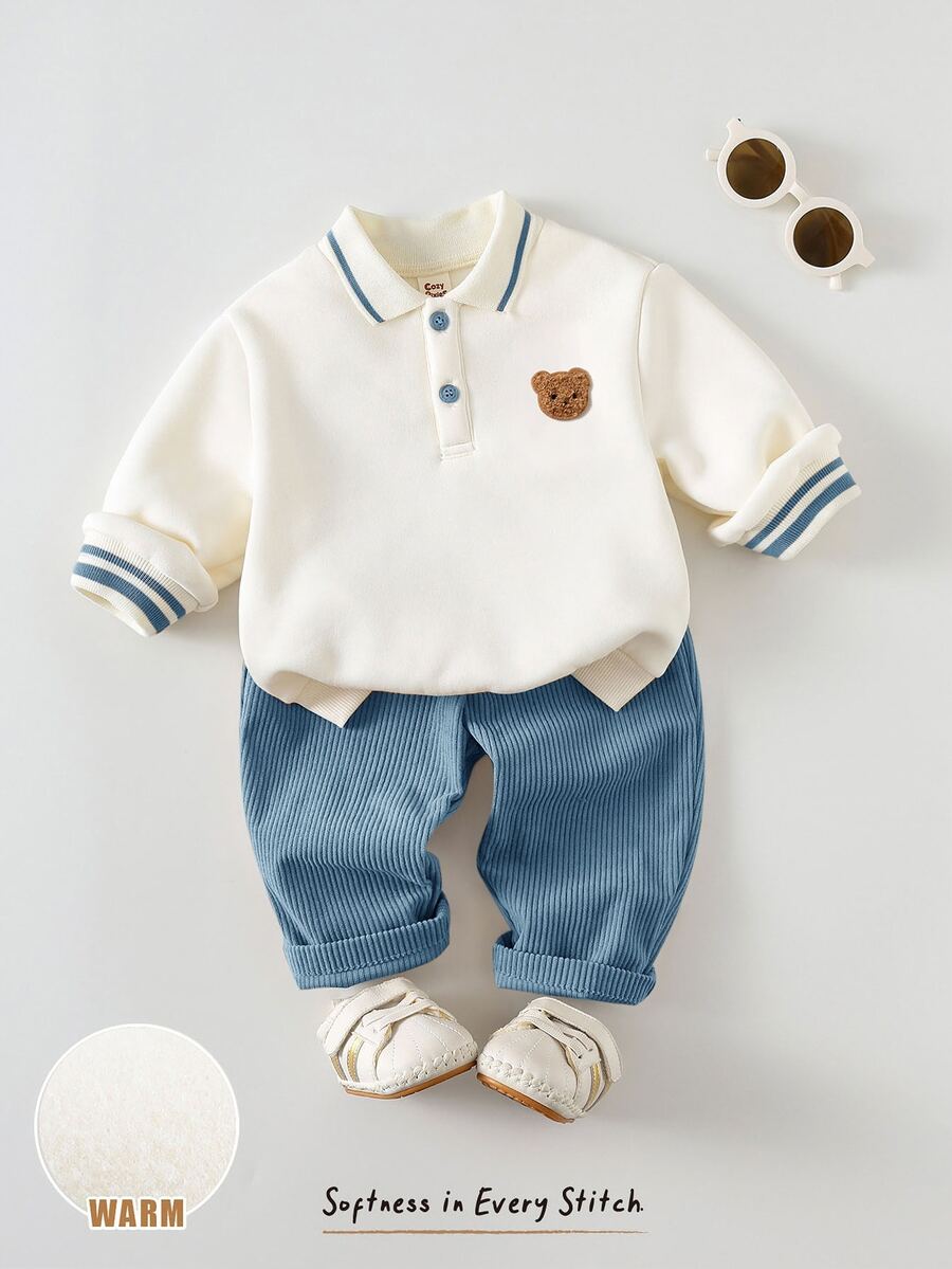 Young Boy Cartoon Bear Kids Patch Long Sleeve Polo Shirt And Long Pants Casual Set - Multicolor - View 1