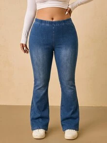 SHEIN MOD Plus Size Women's Elastic Waist Casual Versatile Flare Jeans - Medium Wash - View 6