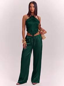 SHEIN BAE Summer Sexy Backless Halter Top And Long Pants Set - Dark Green - View 4