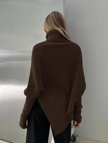 Aloruh 女款秋冬新款深褐色超長包款毛衣，日常居家休閒穿搭 - 棕色 - 查看 6