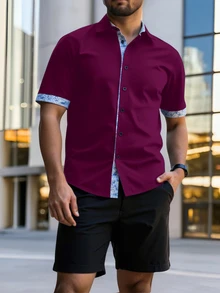 Manfinity Homme Men's Plus Size Patchwork Floral Pattern Short Sleeve Shirt - Purple - View 3