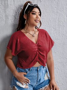 SHEIN EZwear 大尺碼簡約紋理百褶襯衫，適合度假 - 紅色 - 查看 4