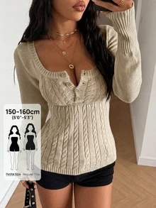 StreetHx Petite Women's Solid Color Autumn/Winter Ribbed U-Neck Button Casual Sexy Long Sleeve Sweater Top Going Out Party Khaki - Apricot - View 5