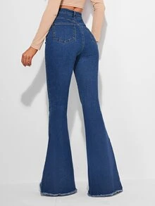 EMERY ROSE Raw Hem Flare Leg Vintage Jeans - Dark Wash - View 2