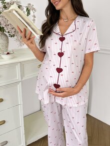 Moonlight&Mama Set Piyama Hamil Kasual dengan Pita dan Motif Garis-garis, Atasan Lengan Pendek Berkancing Depan dan Celana Panjang - MultiWarna - View 6