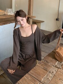 DAZY Women's Striped Long Sleeve Cardigan, Camisole And Pants Casual Set - Brown - View 9